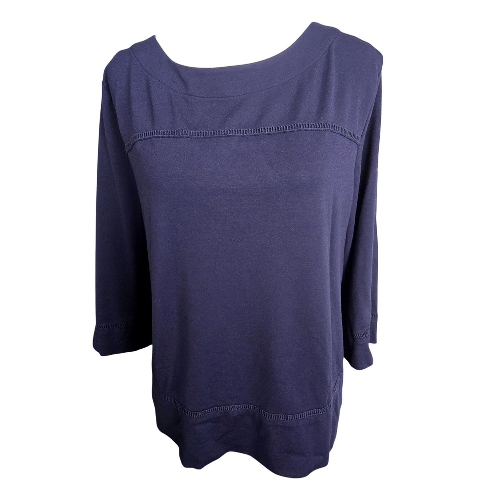 Chico's Navy Blue Boat Neck 3/4 Sleeve Ladder Stitch Knit Top Size 2 Large